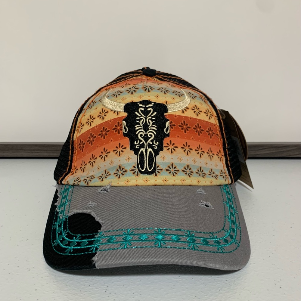 Catchfly Steer Head Embroidered Distressed Ponytail Baseball Hat/Cap-OS NWT